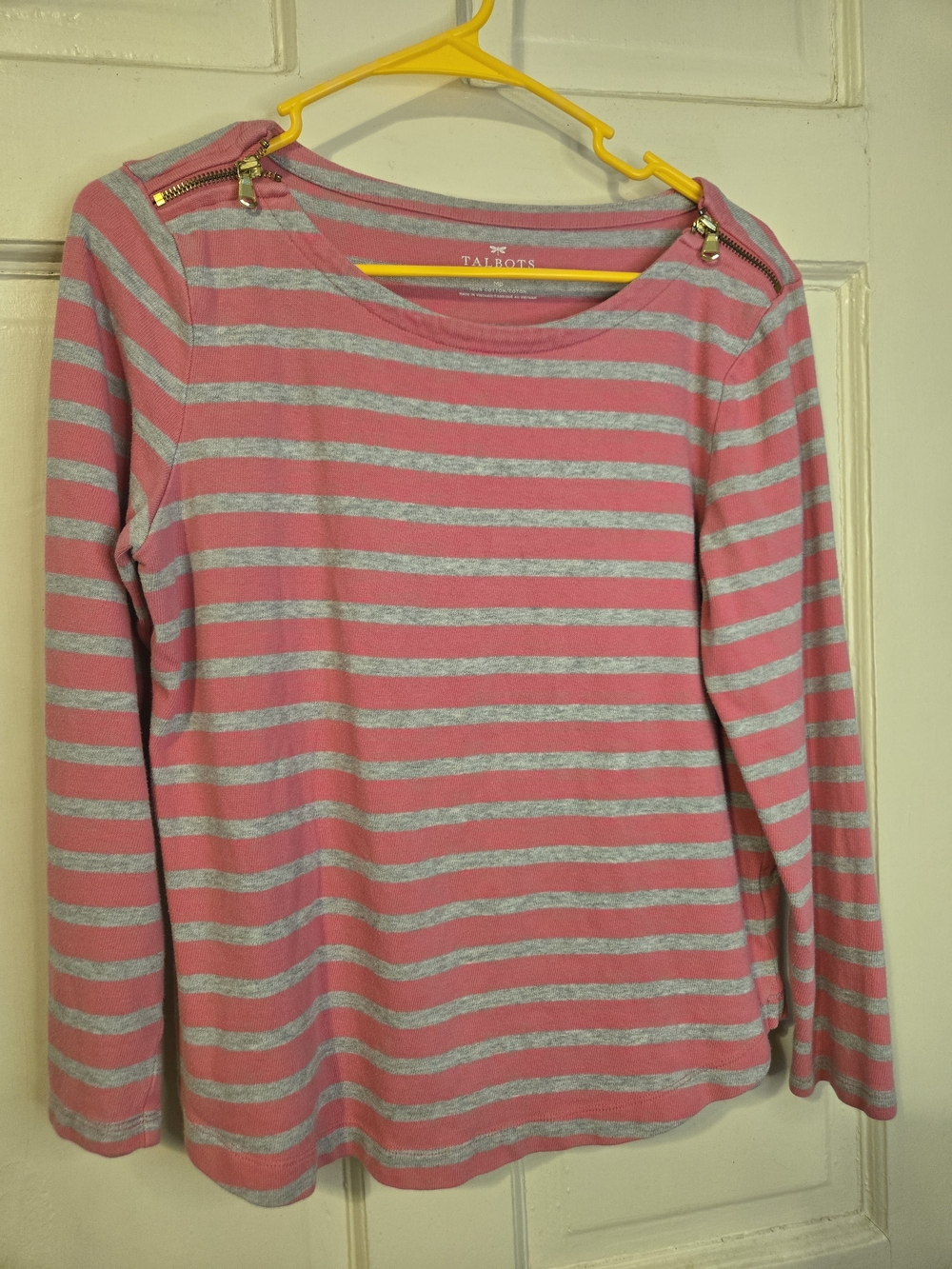 Talbots Pink and Gray Striped Long-Sleeve Zip-Shoulder Tee